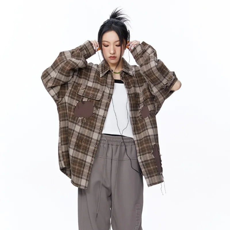 Patchwork Vintage Jackets Women Plaid Tops Outerwear All-match Casual Hip Hop Baggy Comfortable Long Sleeve American Style Daily