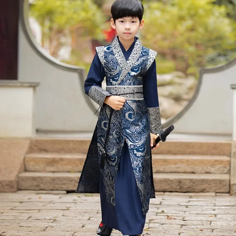 Stile cinese ragazzi blu stampa floreale Hanfu Stage Outfit Dress Baby Boy Tang Suit bambini antico Costume tradizionale per bambini