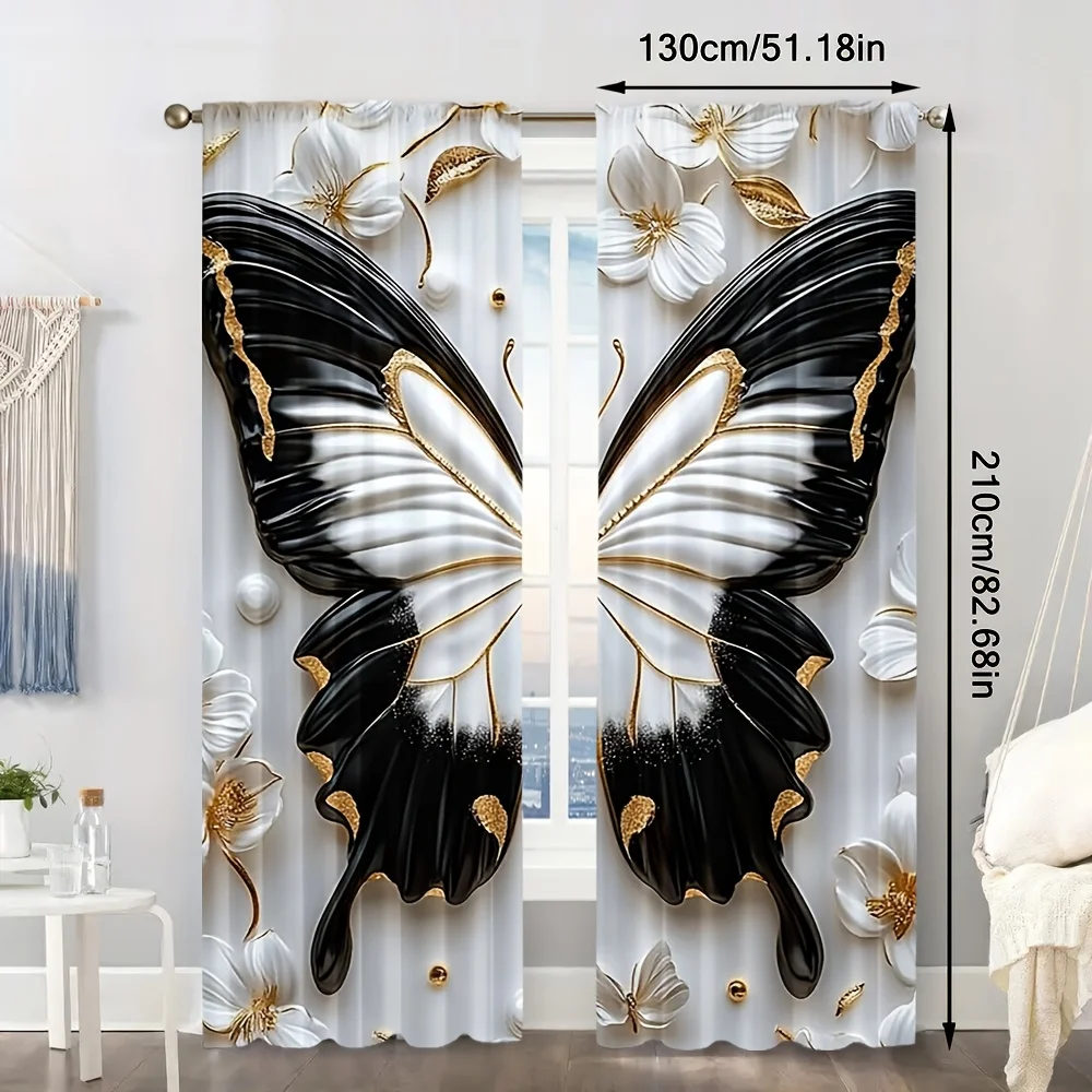 2pcs White Golden Butterfly Print Curtains, 2D Flat Spring Summer Design Easy Install No Rod Needed for Multi-Room Decor