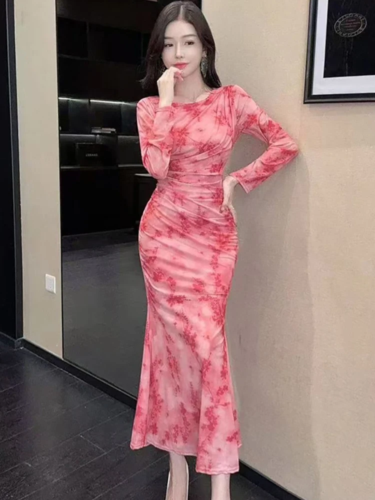 Femmes imprimer maille plissée moulante longue robe automne hiver élégant décontracté maison robe 2025 coréen Vintage à volants luxe robes