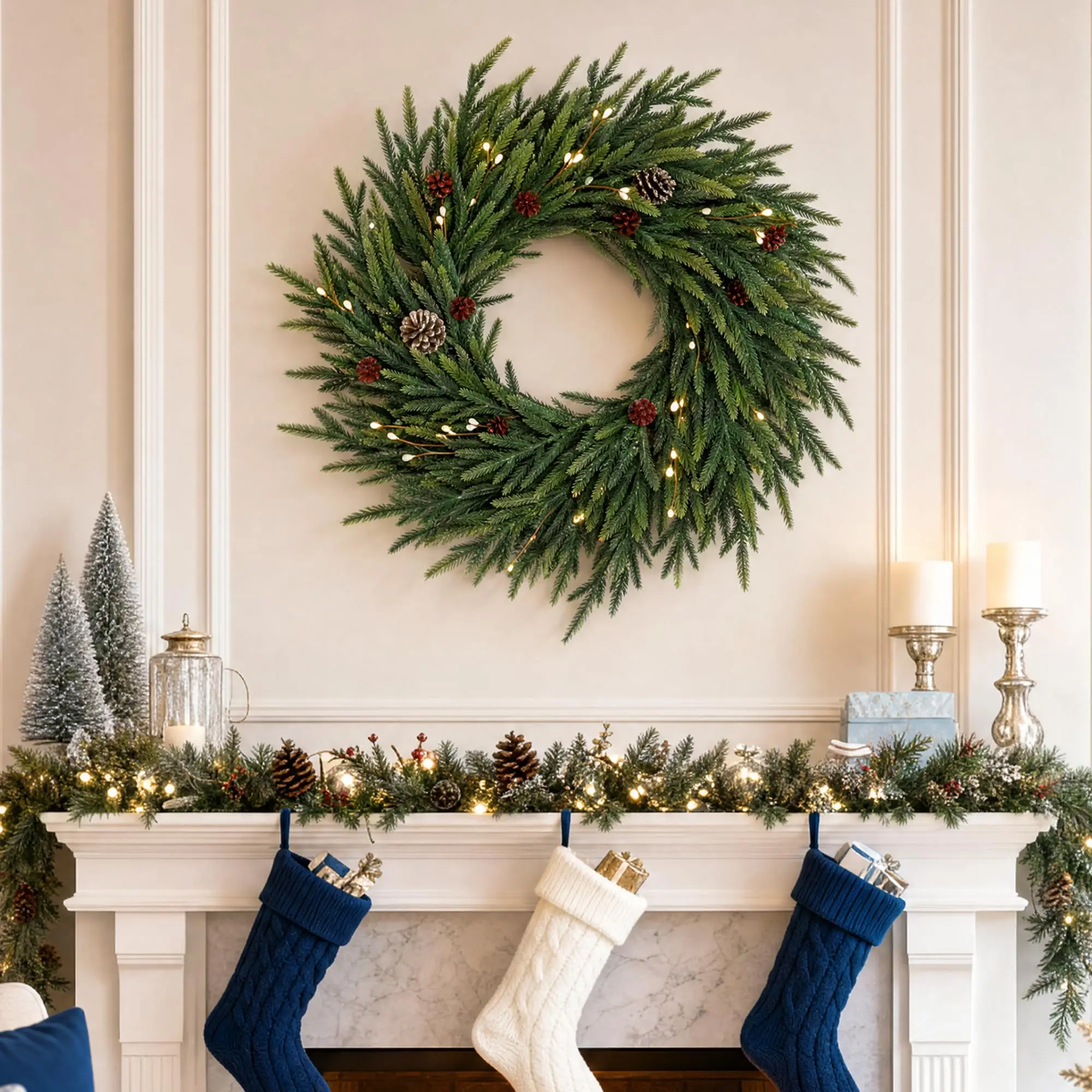 24 Inch Pre-Lit Christmas Wreath With 20 Led Lights, 8 Modes Timer, Mixed Pine Cypress Pinecones Battery Operated Front Door Decor