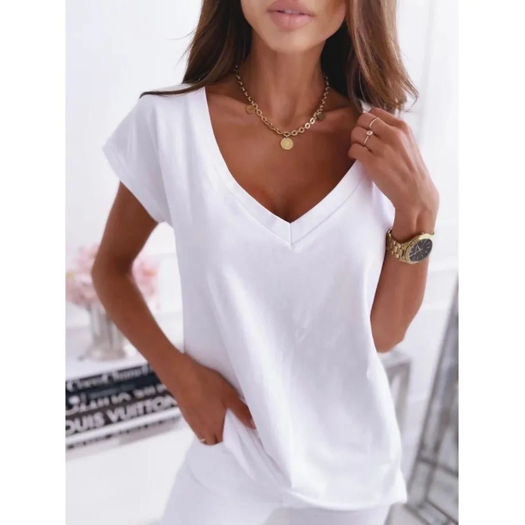 

Женская сексуальная футболка V-Ne ort Sve Дышащая простая Cleanfit Ladies Faion Льняной материал A-Line Sve Другой материал