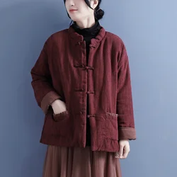 Chinese Cotton Linen Padded Jacket Winter Thicken Warm Oriental Traditional Tang Suit Women Vintage Ethnic Style Loose Coat New