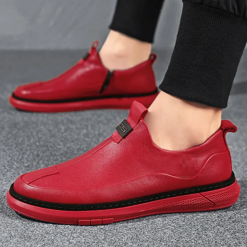 Sapato de couro genuíno masculino, sapato casual preguiçoso, calçado esportivo britânico da moda, antiderrapante vermelho, versátil, para primavera