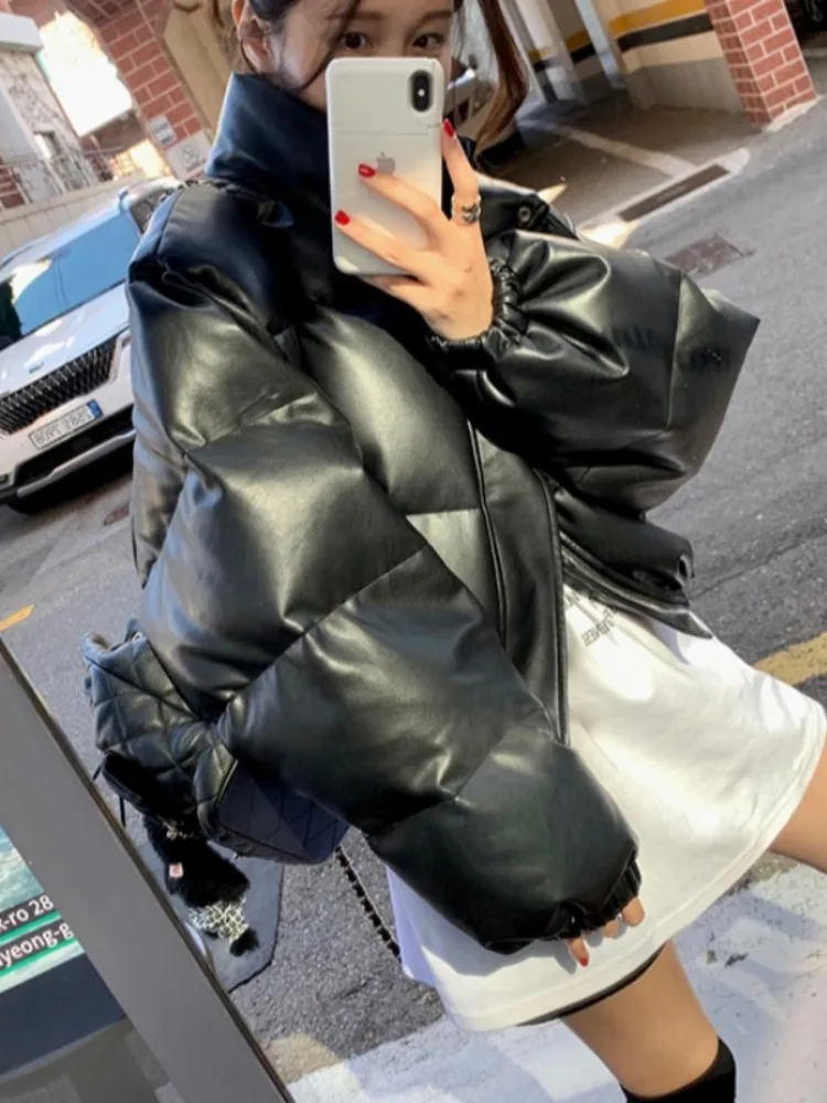 Chic Winter Vintage Stehkragen Bla Matte PU Leder Brot Mantel Lose Warme ort Baumwolle Jaet frauen Faion Oberbekleidung