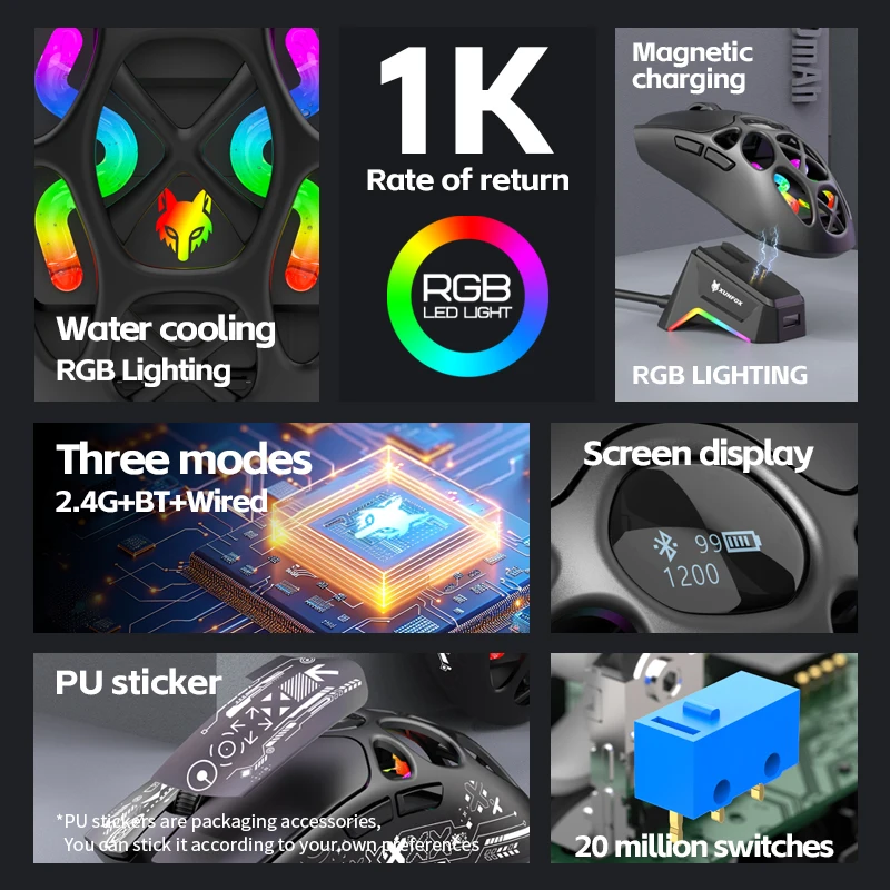 ماوس لاسلكي XUNFOX H16PRO، وصلة ثلاثية الأوضاع 2.4 جيجا هرتز/سلكي/بلوتوث 1000 هرتز 12000 ديسيبل متوحد الخواص RGB قاعدة شحن مغناطيسية