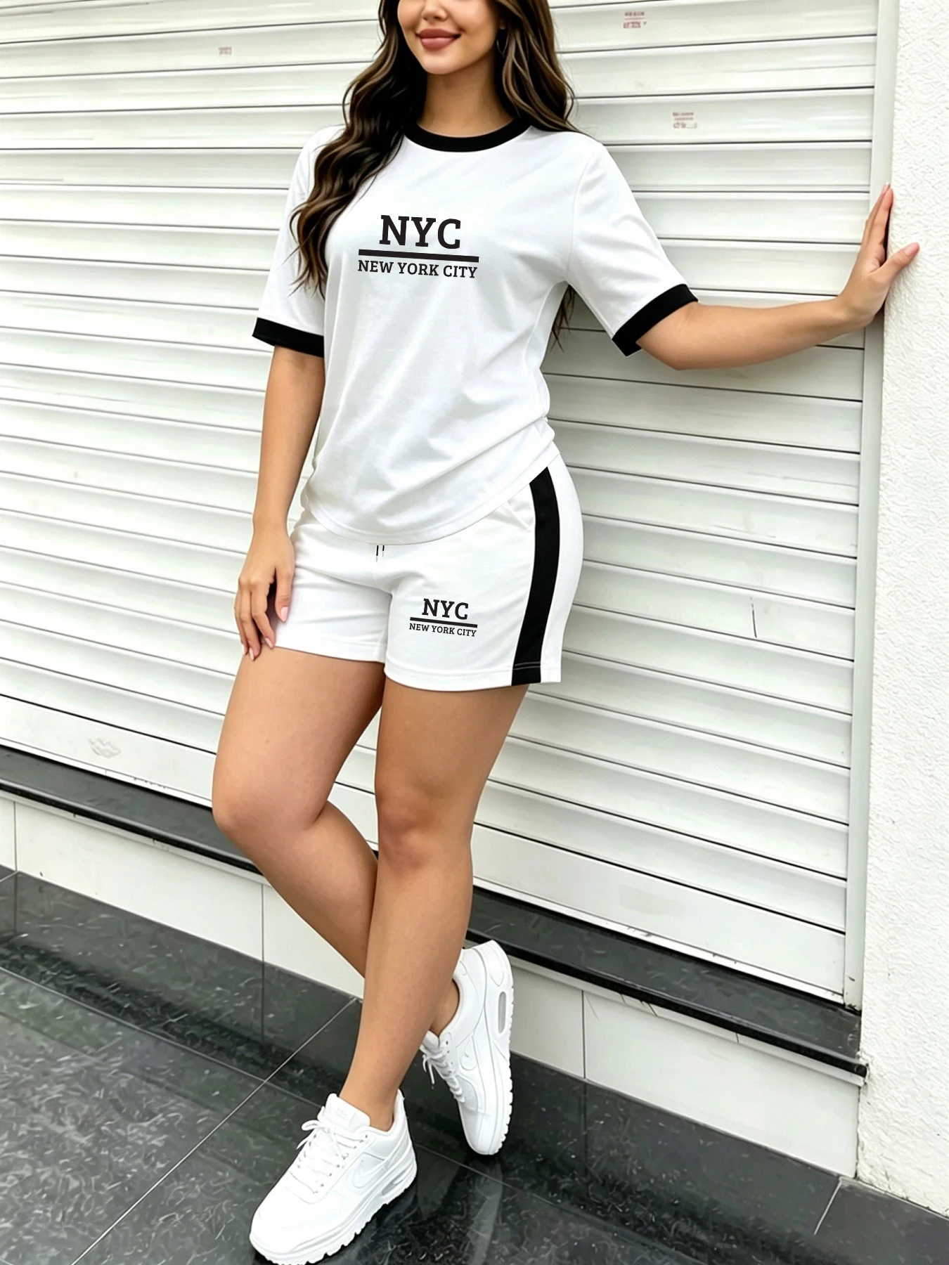 High Street American-Style Women's Short-Sleeve Shorts Set, Letter Print, Color-Blocked Round-Neck Short-Sleeve T-Shirt, Side-Striped Shorts Two-Piece Set, Loose Fit, Everyday Home and Outing Outfit, Street Style Complete Outfit, Summer, Daily, Casual Women's Wear