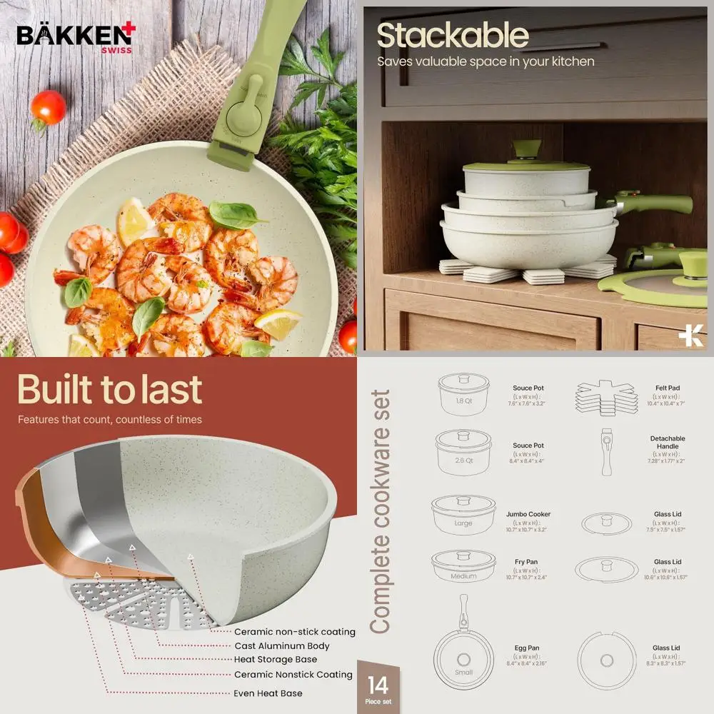 

Набор посуды из 15 предметов с антипригарным покрытием из керамики и гранита со съемными ручками, компактный, можно мыть в посудомоечной машине, духовка и универсальная плита.