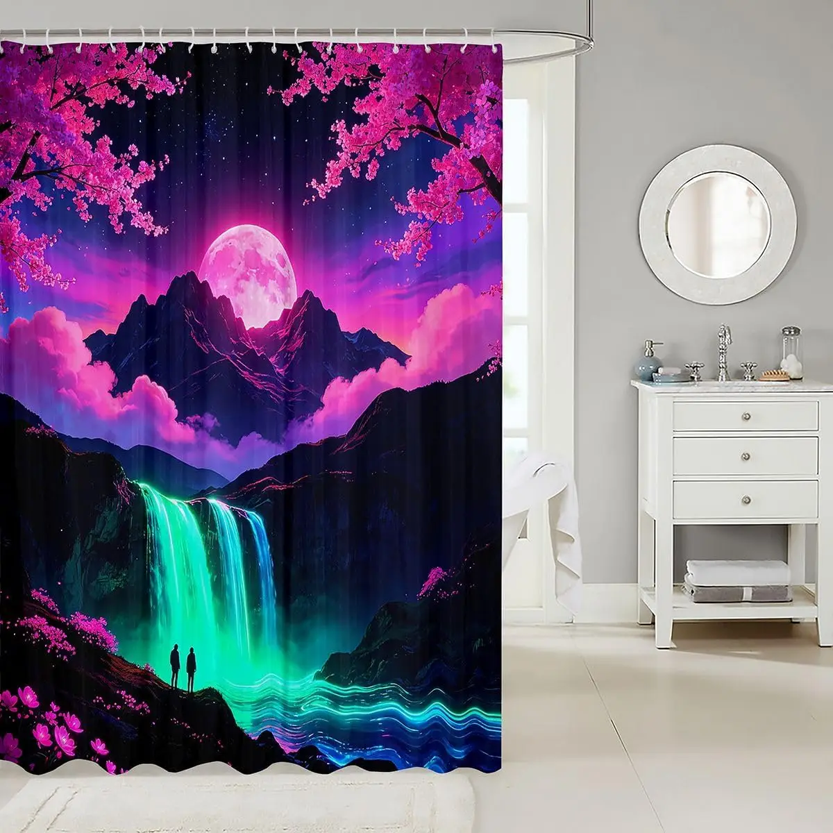 Aesthetic Unicorn Moon Waterfall Cherry Blossom Shower Curtain Bohemian Luxury Bathroom Decor Fantasy Art Print