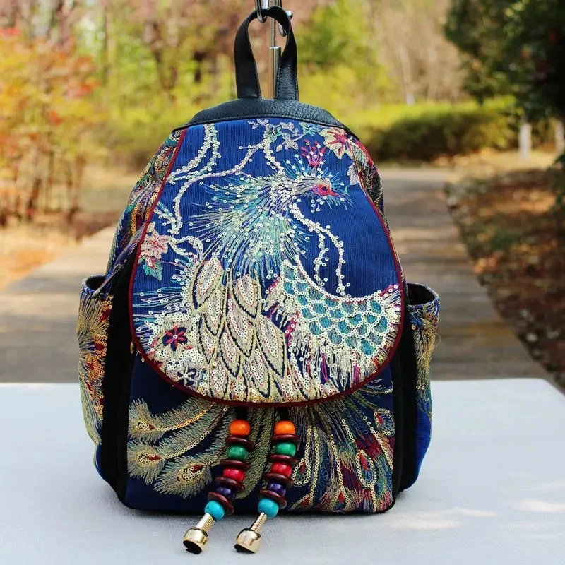 Female Travel Shoulder Rucksack Retro Design Canvas Backpack Women Large Capacity Ethnic Backpack Handmade Embroidered Knapsack