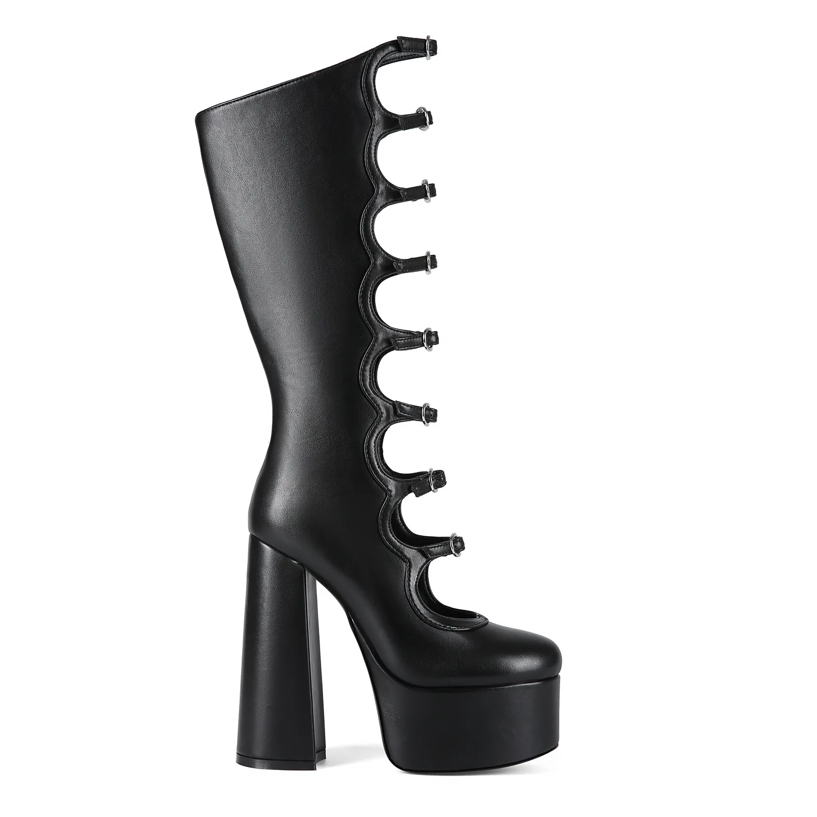 

Botas Multi Buckle Straps Strappy Platform Women Black Chunky Heel Pumps Female Punk Knee High Boots Party Fashion Botas Mujer