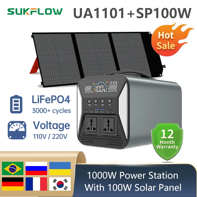 

High capacity 1000W Lifepo4 power station with 100W 200W 400W solar panel camping equipment generador solar portatil