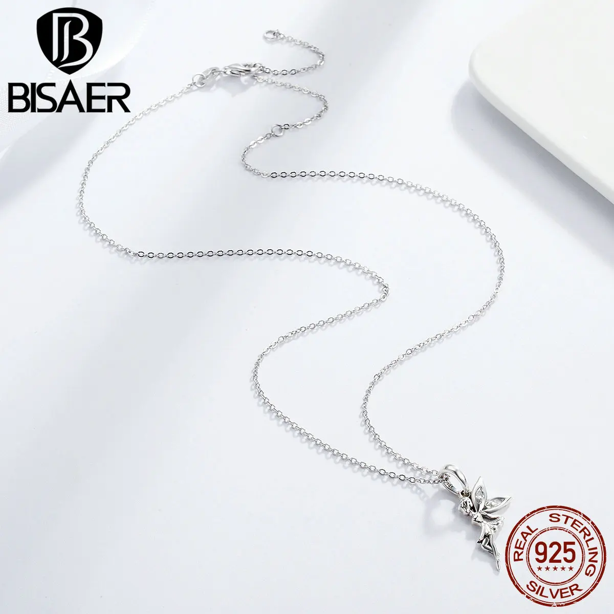 BISAER أصيلة 100% 925 فضة زهرة الجنية الترقوة المعلقات القلائد قابل للتعديل سلسلة للنساء غرامة مجوهرات