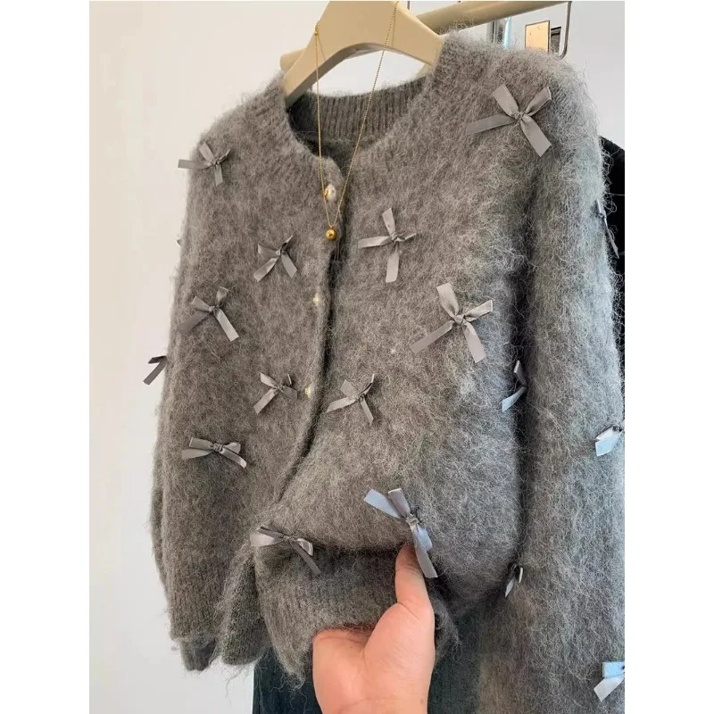 Fall/Winter 2024 Grey Bow Sweater Femininity High Soft Mohair Knit Cardigan Coat Casual Top