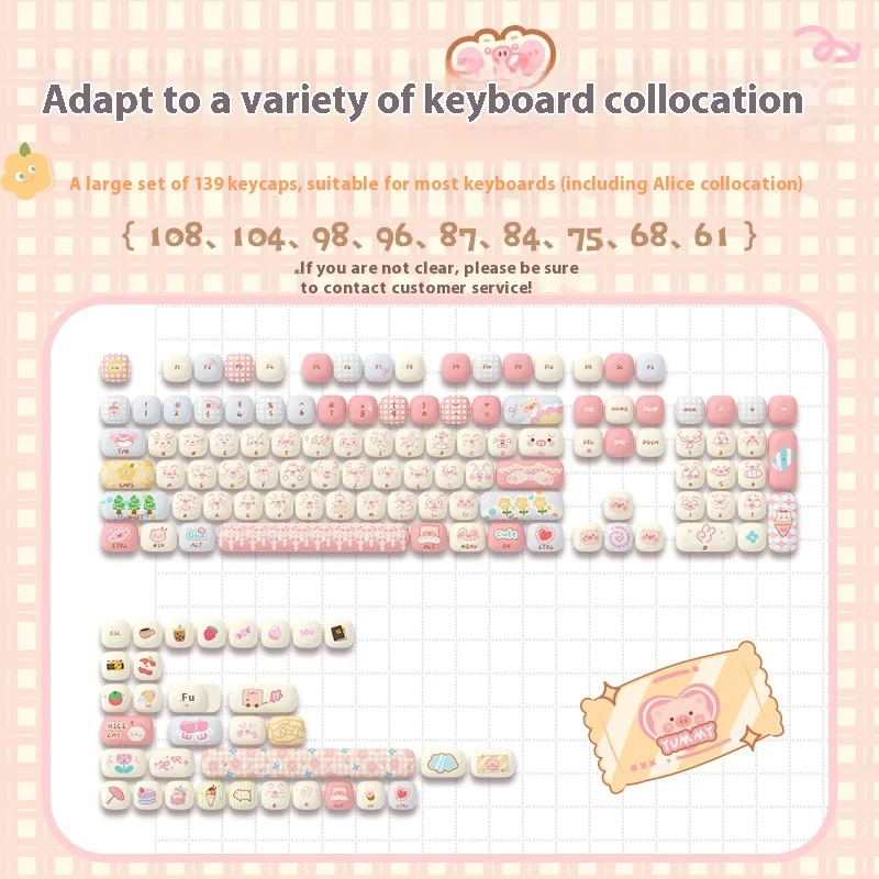 AKKO keyboard mekanik keycap, tema pesta babi, MOG tinggi keycap set lengkap, 139 kunci, lima sisi sublimasi, carto lucu