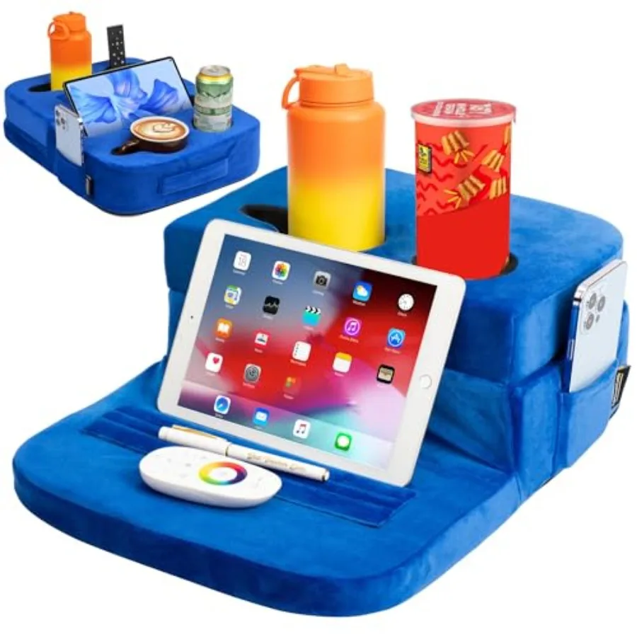 

- Couch Cup Holder Tray Pillow - Bed, Couch Caddy, Sofa, RV Car - Holds Drinks, Snacks, Remotes, Phones, Kindle, Tablet Bed Cup