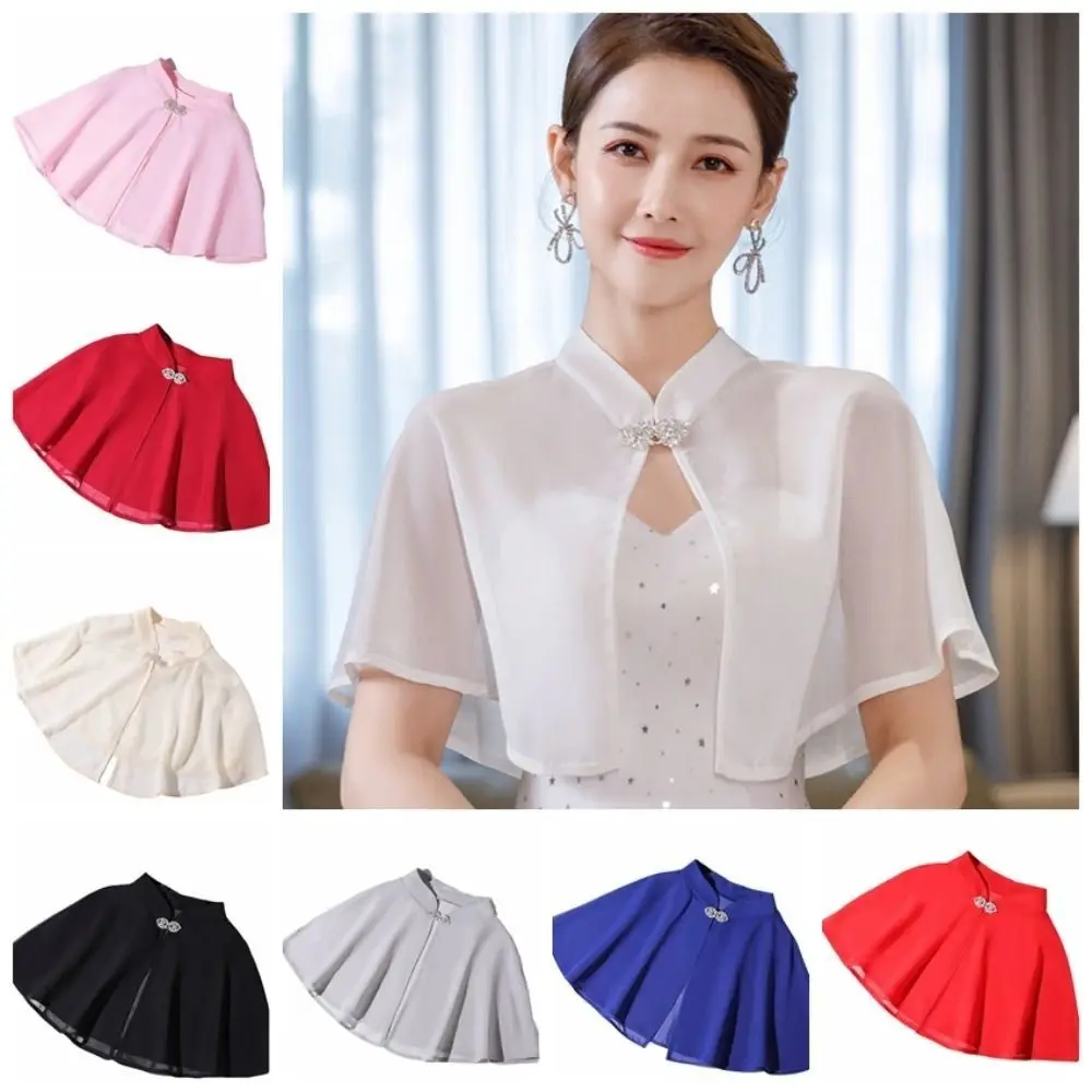 Chiffon Bride Wedding Dress Shawl Transparent Rhinestone Buckle Evening Dresses Scarves Solid Color Wrap Cheongsam Cape Beach