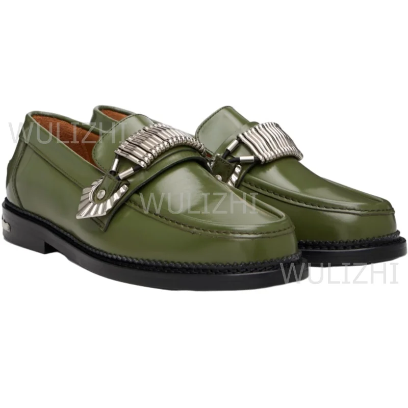 Oxford piatte con suola nera in pelle verde Pelle nera Scarpe da festa da lavoro casual con design a strisce con perline metalliche argento