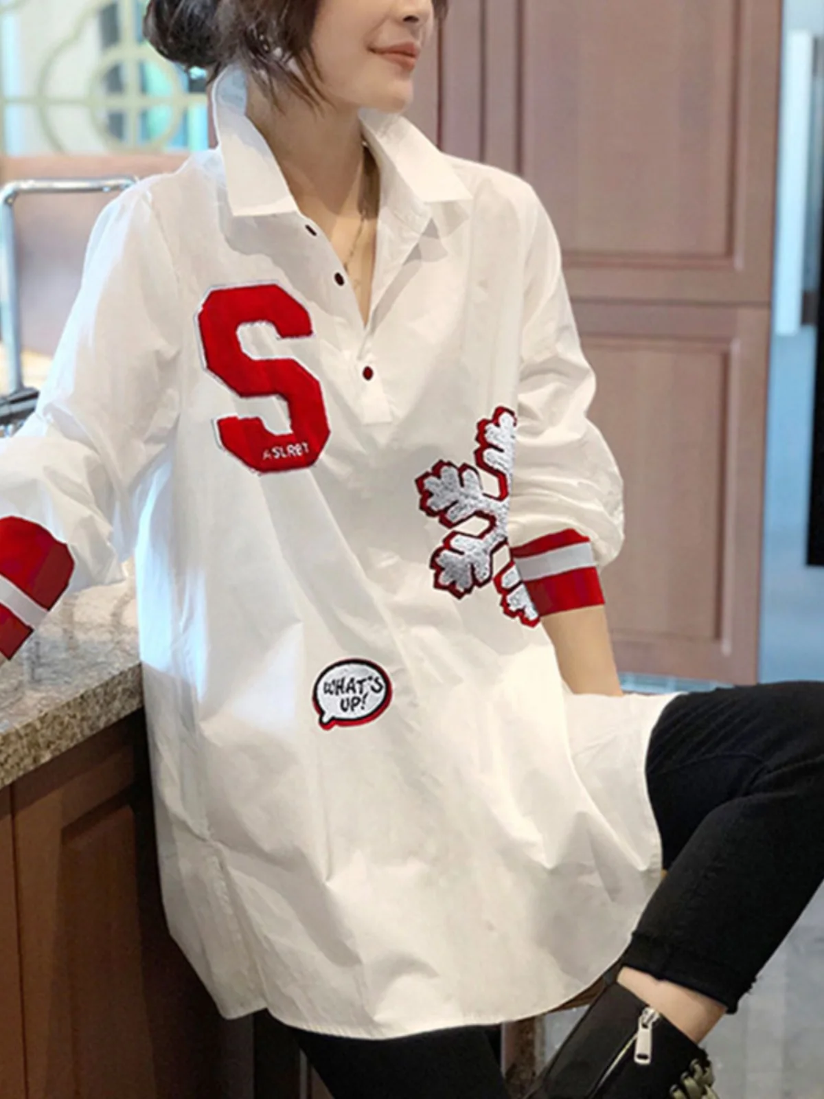 

Свободный женский длинный топ средней длины Sve irt, весна-лето, белый модный дизайн, топ с вышивкой, корейский топ для поездок на работу и ветер