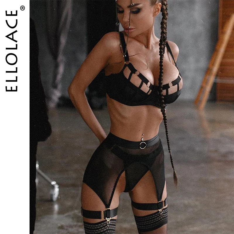 Ellolace Sexy Hot Dessous Luxus Aushöhlen Exotische Sets Mit Strumpfbänder Halbe Tasse Sehen Durch Transparente Bh Unterwäsche Frauen Set