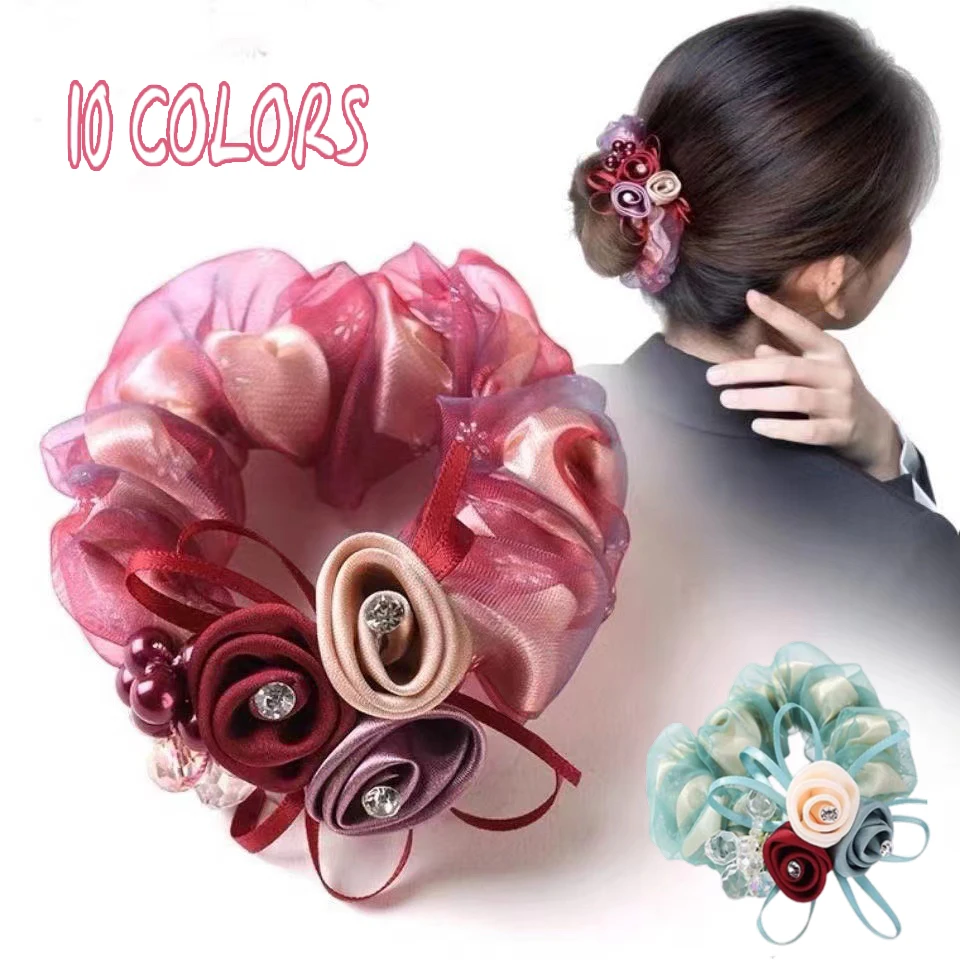 Fashion Silk Ribbon Rose Flower Hairband Imitation Crystal Rhinestones Scrunchies for Women Girls Ponytail Hair Accessories Gift