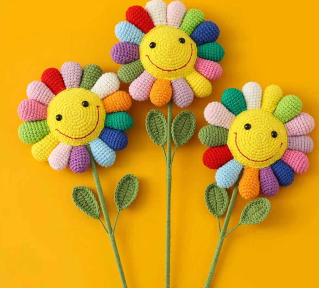 

DIY hand-woven rainbow sunflower wool knitted bouquet Murakami seven-color flower crochet homemade gift