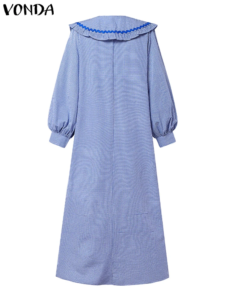 2023 VONDA Frauen Herbst Plaid Kleid Peter Pan Kragen Rüschen Maxi Lange Vestidos Mode Tasten Kausalen Lose Party Plissee Robe
