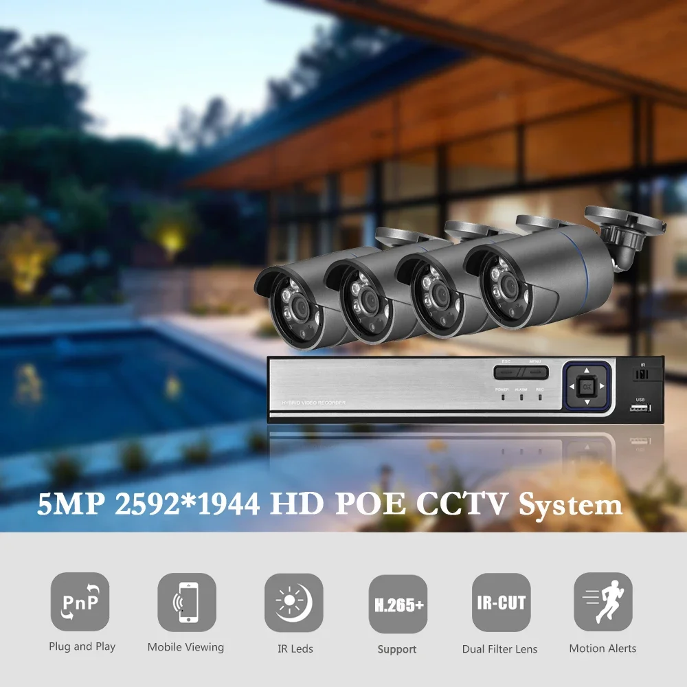 H.265 4CH 5MP POE CCTV Security System NVR Kit 5MP 2592X1944 FULL HD  Audio IR Outdoor PoE IP Camera  P2P Video Surveillance Set