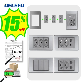 DELEFU gray fireproof material PC panel tpye-c USB brazil standard wall socket package, 3gang wall switch, more discounts.