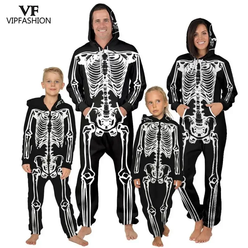 

VIP fashion new casual-child suit for Halloween costume skull skeleton printed spandex nightwear pyjamas loose zippers romper