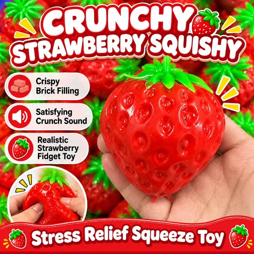 Strawberry Crunchy Squishy Stress Ball Crispy Sound Squeeze Toy Round Blocks Filled Sensory Decompression Fidget Toy Gift