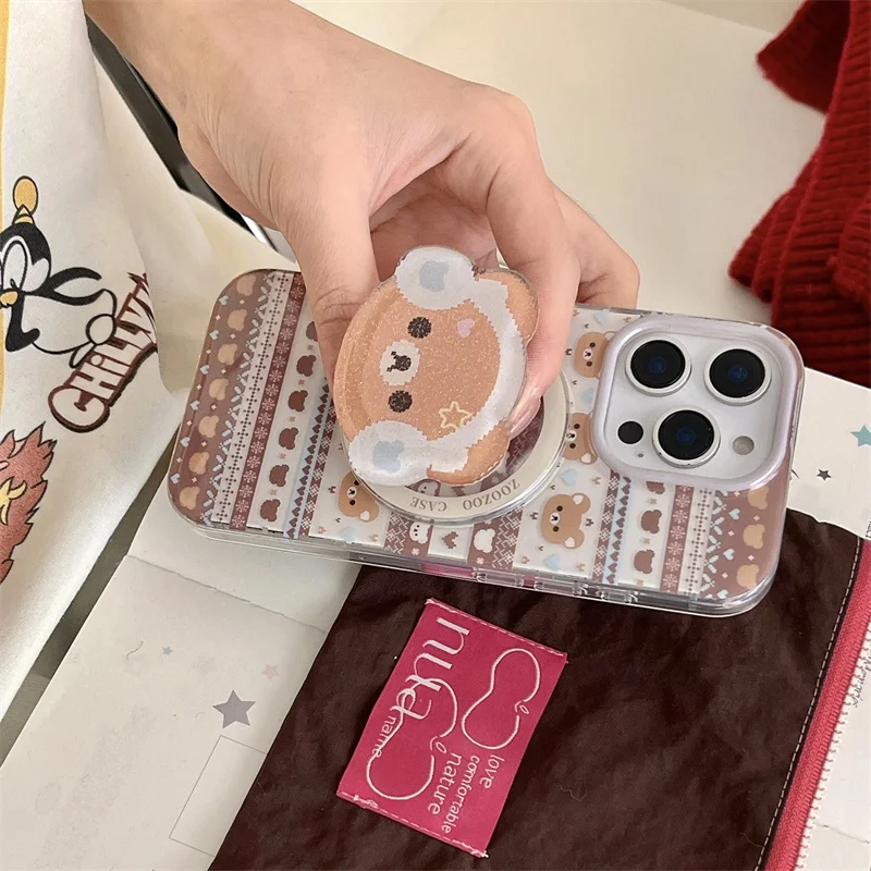 

Cute fair isle Music Headset Bear Magsafe Wireless Charge Case For iPhone 13 14 15 16 Pro Max Glitte Bear Magnetic Holder Cover