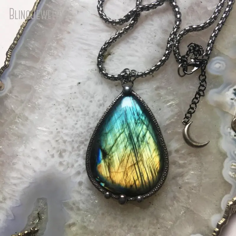 

10pcs Rainbow Labradorite Teardrop Pendant Statement Necklace Layering Gemstone Witch Boho Wicca Jewelry