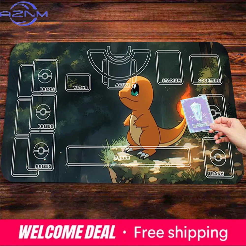 Tapete de Jogo Antiderrapante Grande para Mesa, Tema Pokémon TCG: Campo de Batalha Zonado com Charmander da Floresta - Ideal como Mouse Pad