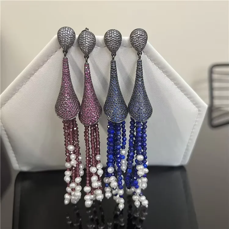 Natural Cultured White Pearl Jade  Crystal CZ Gold Plated Hook Earrings CZ Fitting Handmade For Women