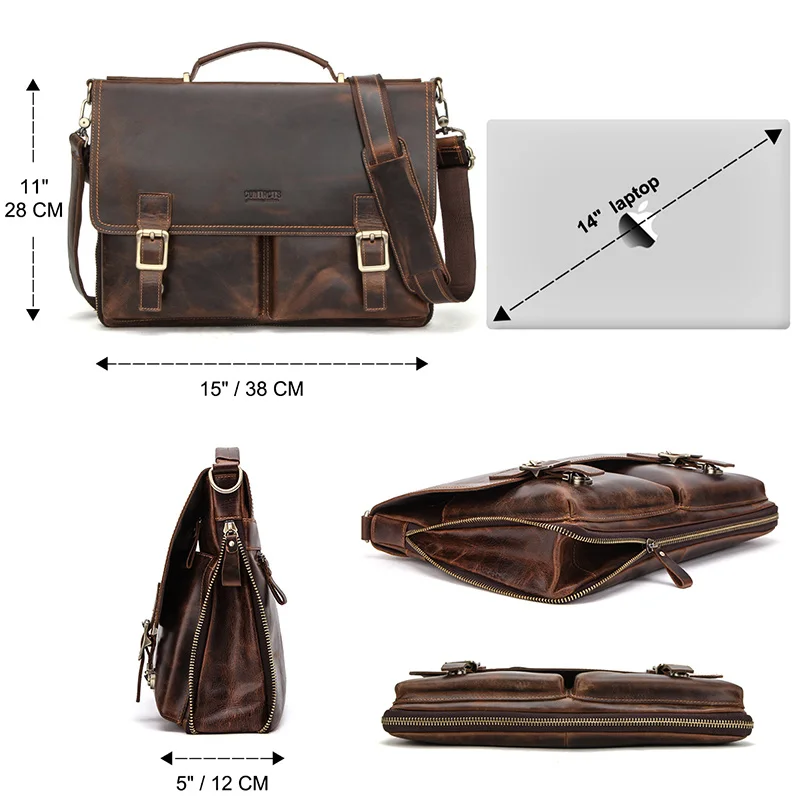 Men Briefcase Bag Crazy Horse Leather Shoulder Messenger Bags Famous Brand Business Office Handbag for 14 inch Laptop