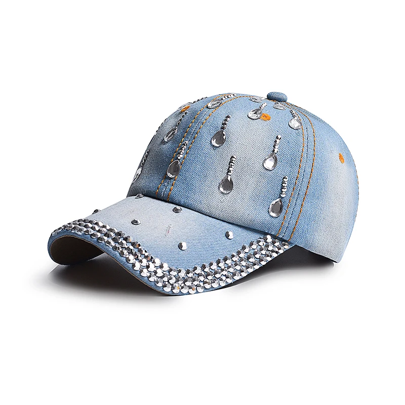 New Denim Hip Hop Caps Fashion Leisure Woman Cap With Water Drop Rhinestones Vintage Jean Cotton Baseball Caps For Men Hot Sale