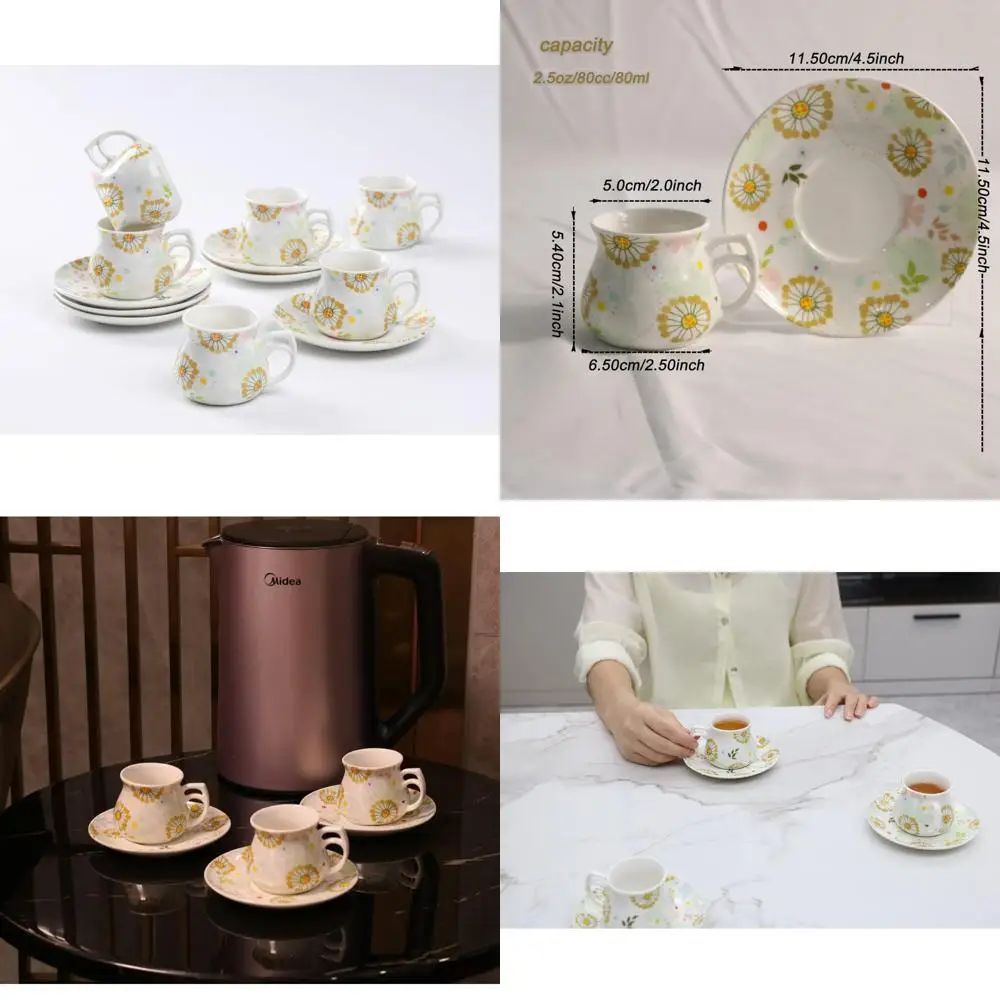 

Гуанъян, 12 чашек и блюдец для эспрессо на 6 человек, набор турецких кофейных чашек на 2 унции, 6 штук, счастливый цветочный узор, хороший подарочный набор