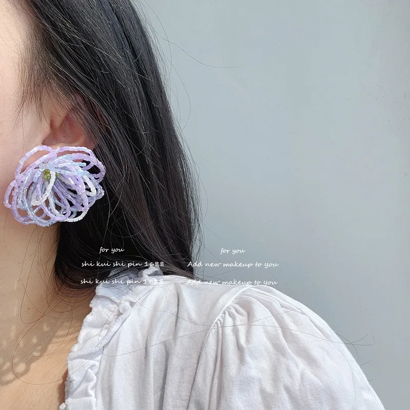 Oil painting fairy beaded flower colorful spring and summer women's holiday style earrings
