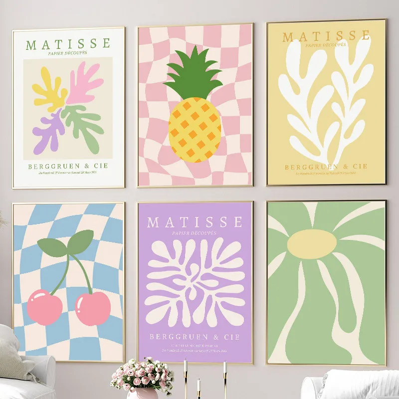 Arte abstracto en lienzo estilo Matisse, diseño danés, impresión de póster de piña y cerezas en colores pastel, decoración de pared, sin marco