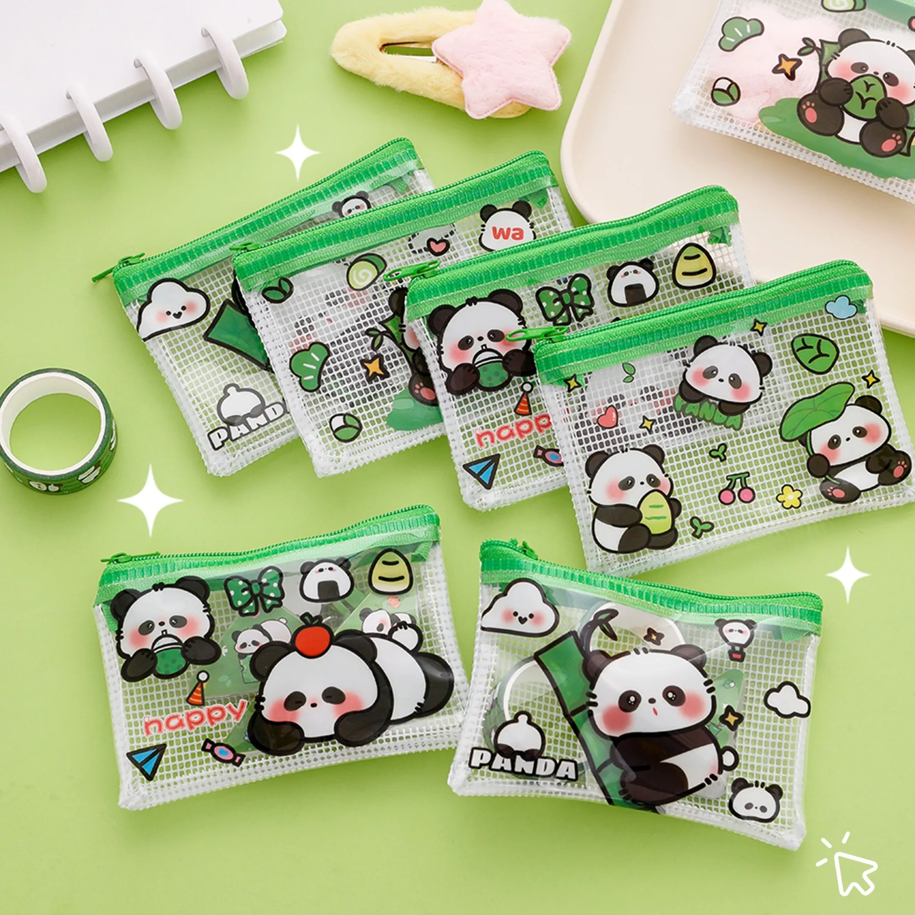 Aesthetic Panda Coin Purse for Earphone Bag Portable Change Purse PVC Zipper Pouch for Students Cute Cartoon Ins Style