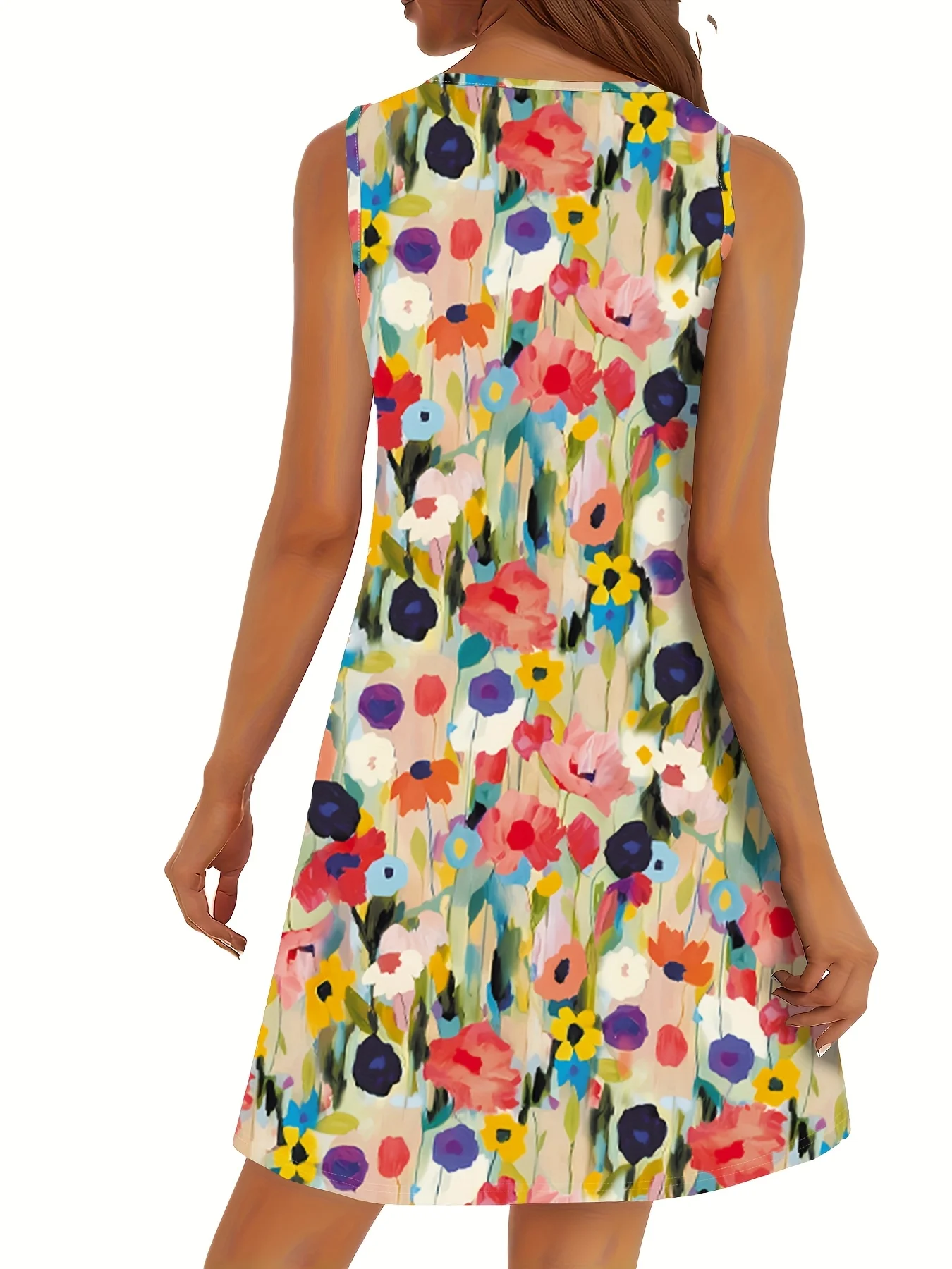 Mini abito fluido da donna senza maniche con scollo rotondo e stampa floreale ad acquerello colorato, casual estivo