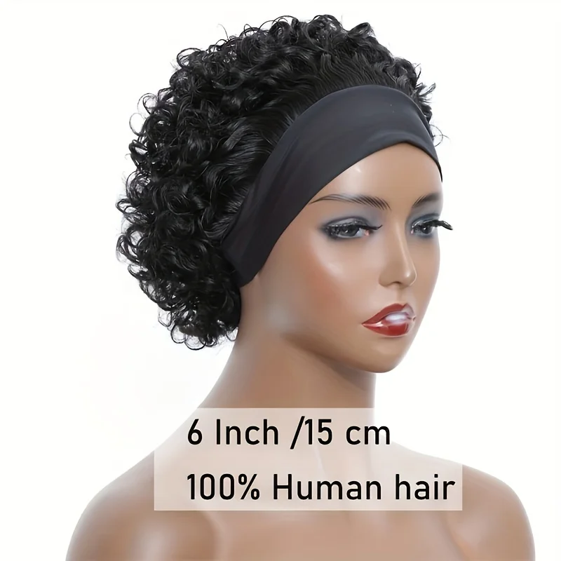 Parrucca con fascia riccia corta da 6 pollici-parrucca con taglio Pixie per capelli umani per donna-colore nero naturale facile da indossare e stile