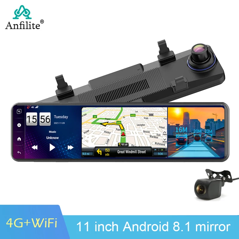 11 Inch Car DVR 4G Split Screen Dash Cam Rear View Mirror Android 8.1 2+32GB GPS Navigation Dash Camera APP remote monitor