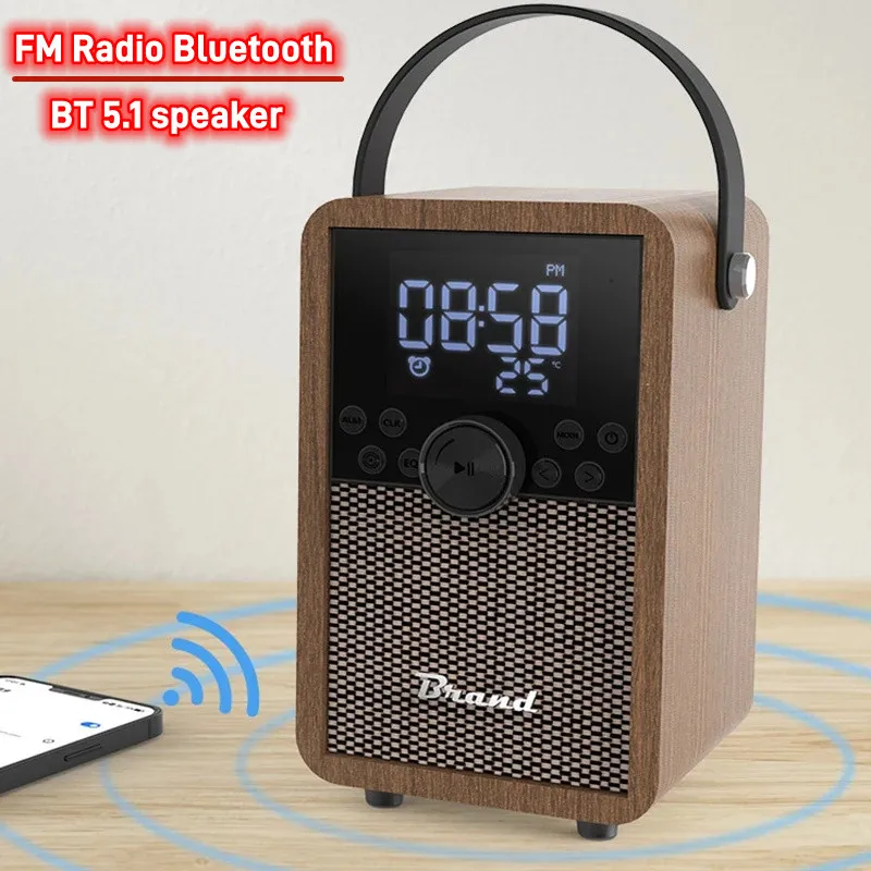 

Portable Wooden Wireless BT Speaker Rechargeable Mini FM Radio Boom Box with Digital Led Alarm Clock Outdoor Camping Loudspeaker