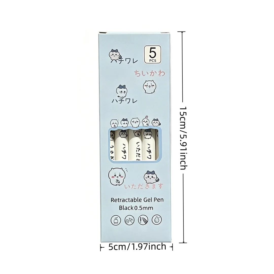 Chiikawa Characters Retractable Gel Pens 5Pcs Set, Smooth Writing Black 0.5mm Pens, Great Back to School & Birthday Gift