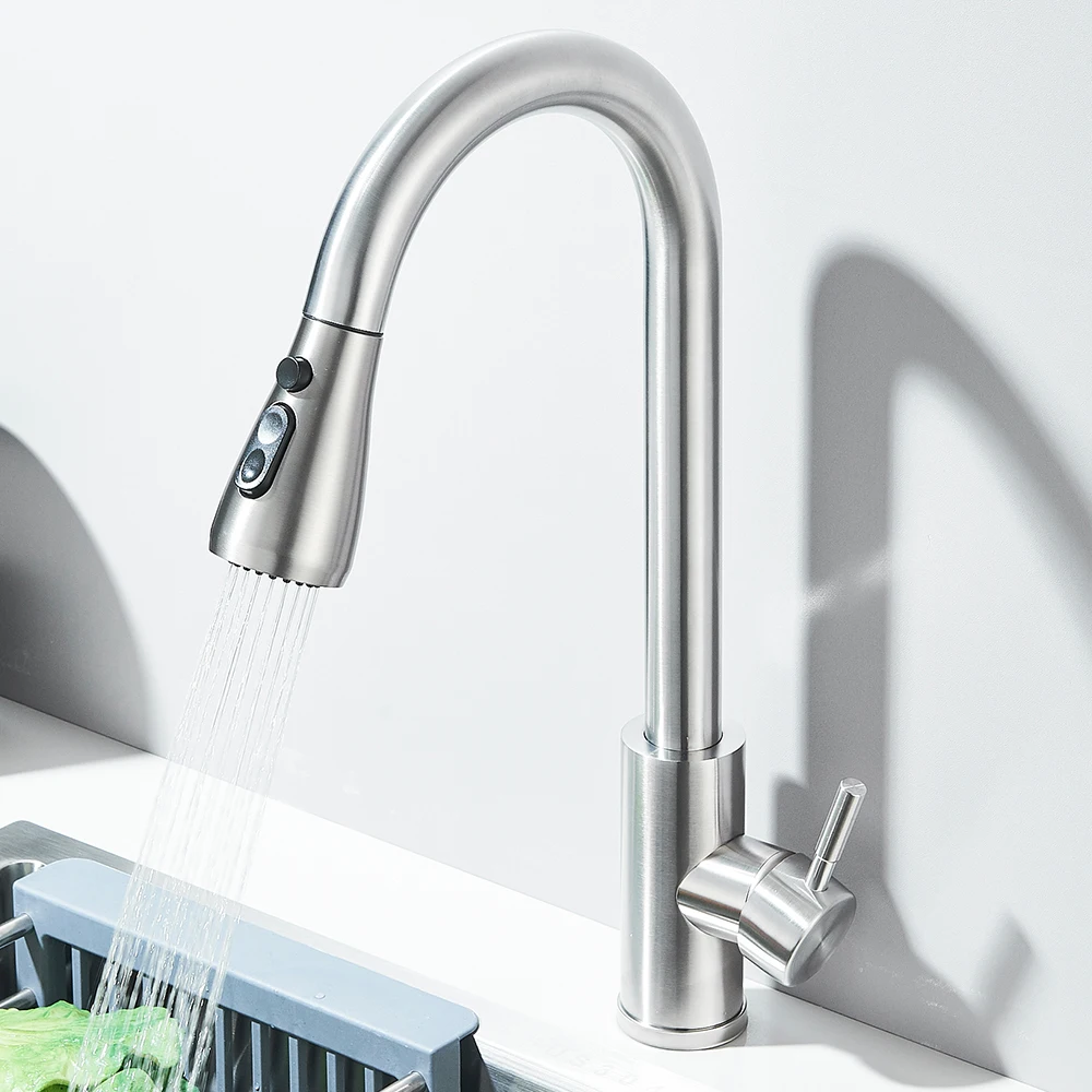 Küchenarmaturen aus gebürstetem Nickel, herausziehbar, Küchenspüle, Wasserhahn, Deckmontage, Mischer, Stream-Sprühkopf, heiße und kalte Wasserhähne, Splitter – Detail 20