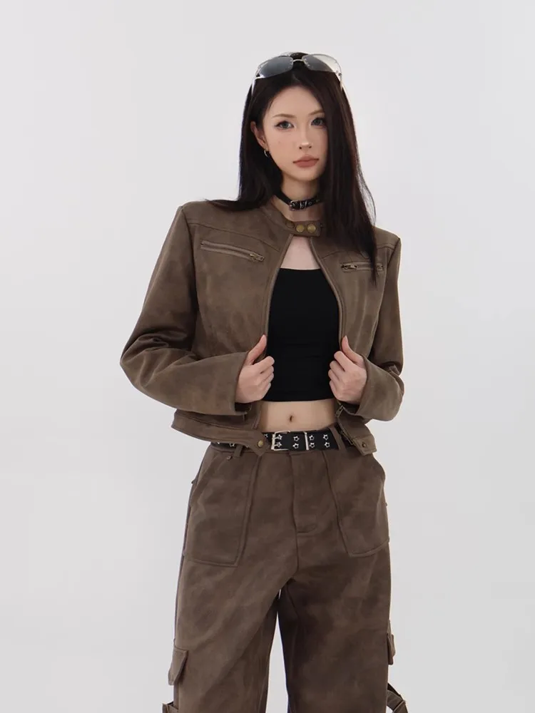 Americano retrò marrone pelle PU Jaet donna ort moto Sle Top Coat pendolarismo vestibilità ampia design lungo con cerniera Sve