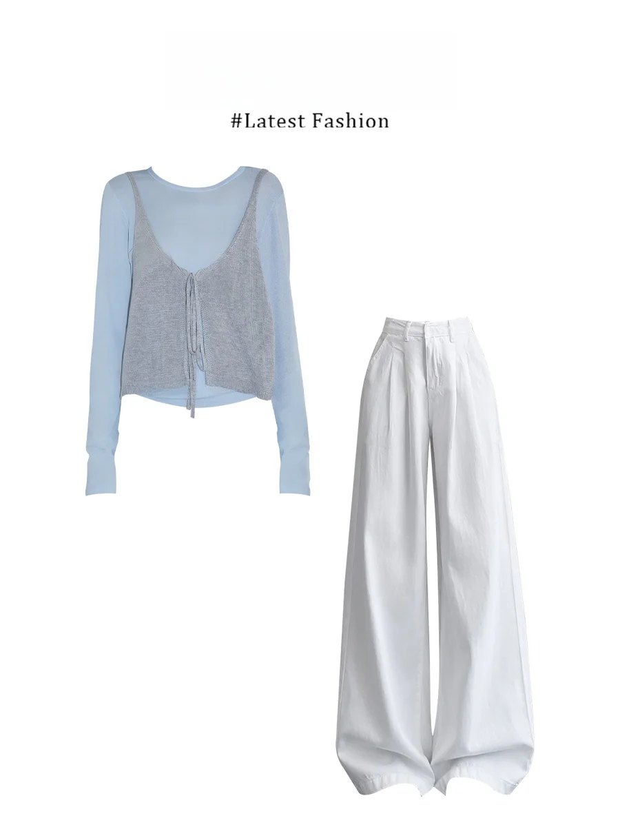 

Parkyeon Korean Style Casual Knitted Tank Top round Neck Long Sleeve Women's Set with Loose Fit Long Pants Summer Fashion