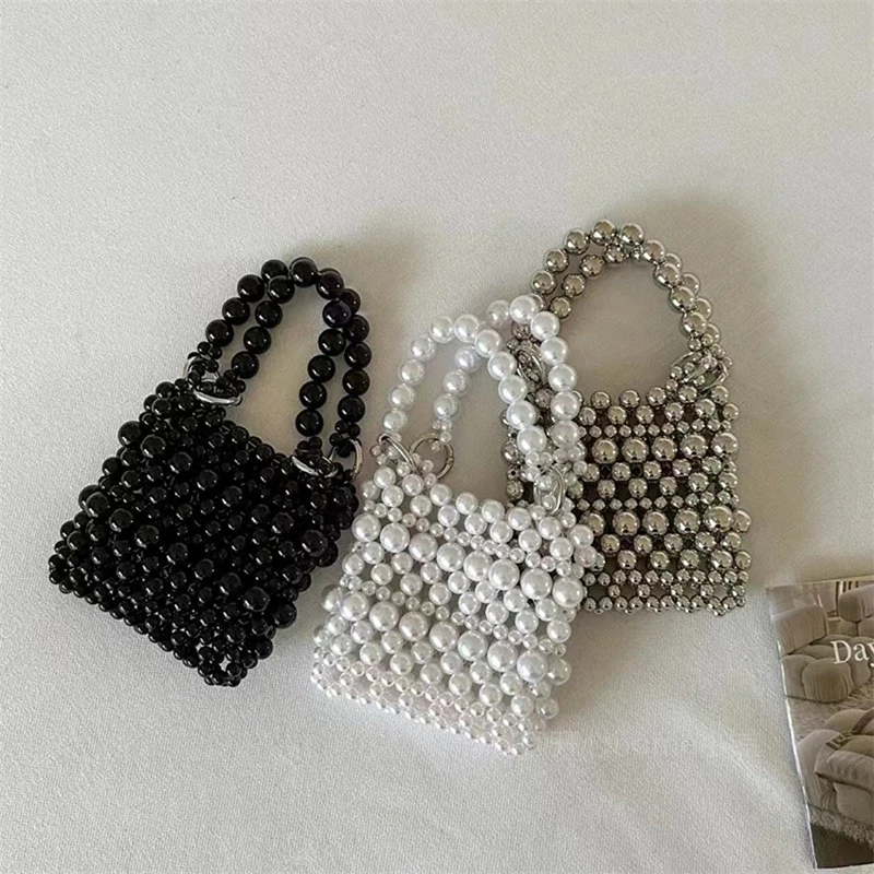 

Summer Handmade Pearl Mobile Bags Beaded Woven Vintage Hollow Out Ladies Designer Purses and Handbags with Long Metal Chain